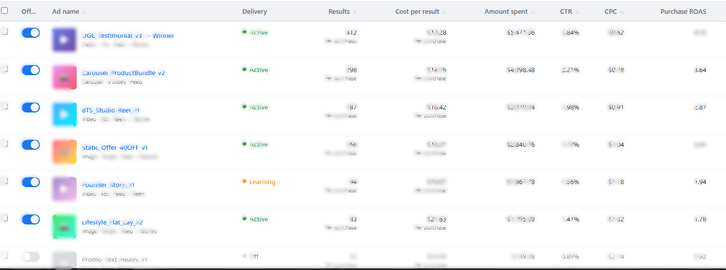 Meta Ads ad-level breakdown showing six live creative concepts testing simultaneously — UGC testimonial, carousel bundle, behind-the-scenes reel, static offer, founder story, and lifestyle flat lay